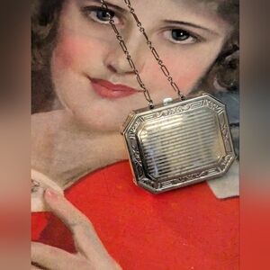 SOLD Art Deco engraved Silver Compact Dance Wristlet Vanity Bag 1920s Flapper